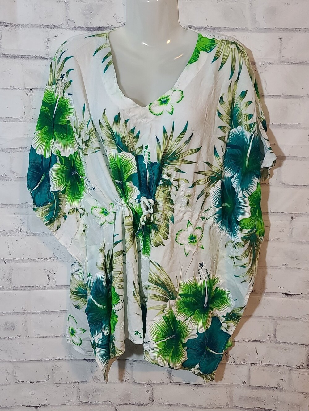 Women's Tropical Floral V-Neck Short Sleeve Drawstrin Swimsuit Cover Up One Size